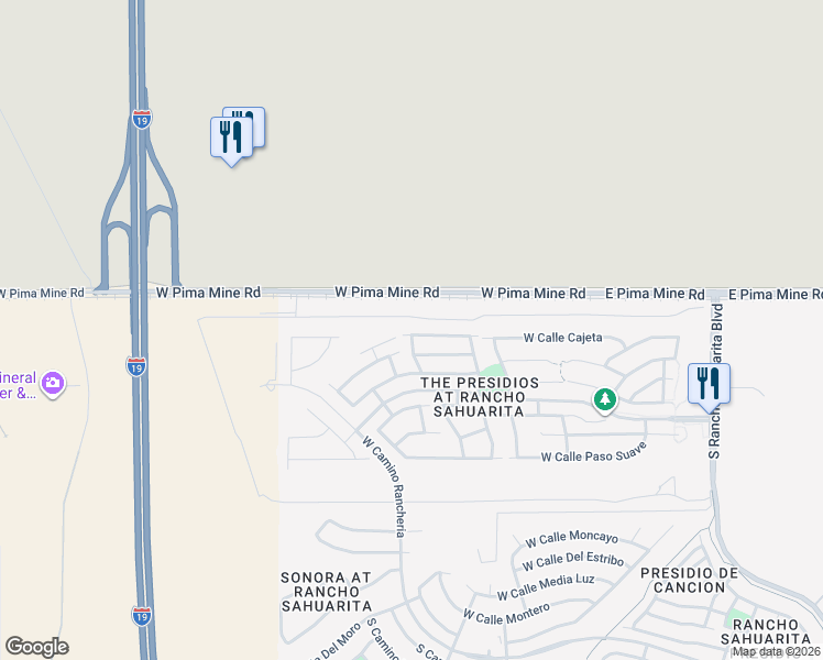 map of restaurants, bars, coffee shops, grocery stores, and more near 13812 South Camino Flauta in Sahuarita