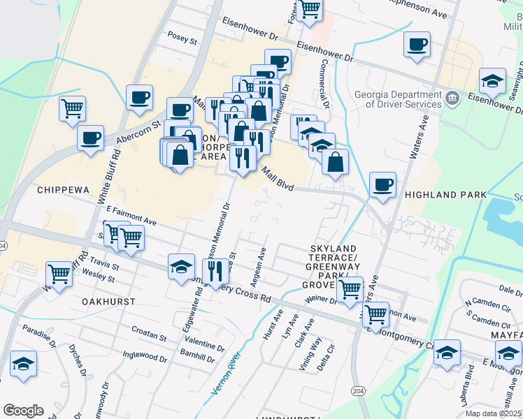 map of restaurants, bars, coffee shops, grocery stores, and more near 455 Mall Boulevard in Savannah