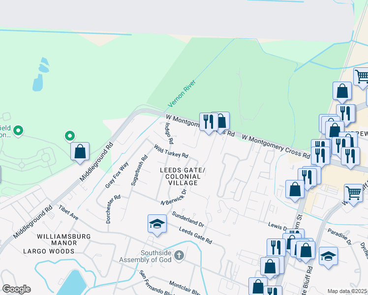map of restaurants, bars, coffee shops, grocery stores, and more near 1 Wild Turkey Court in Savannah