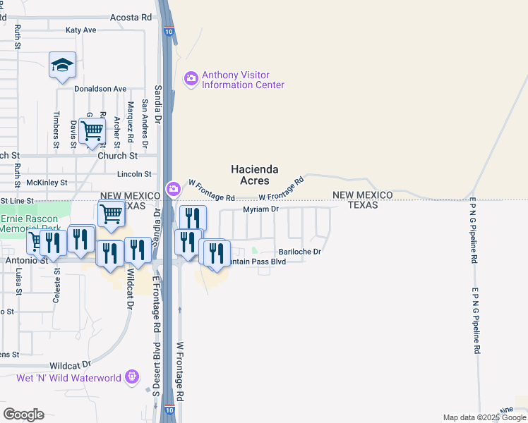 map of restaurants, bars, coffee shops, grocery stores, and more near 601 Inez Place in Anthony