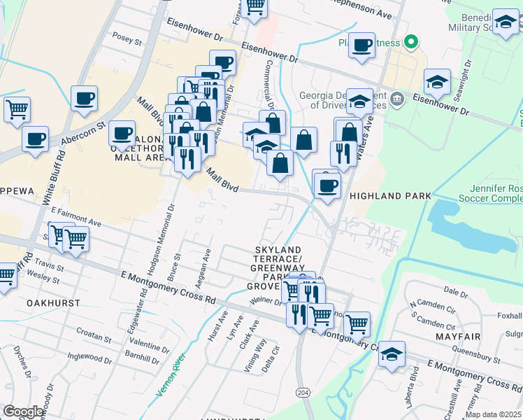map of restaurants, bars, coffee shops, grocery stores, and more near 459 Mall Boulevard in Savannah