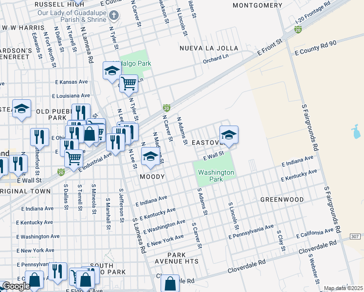 map of restaurants, bars, coffee shops, grocery stores, and more near 1300 East Wall Street in Midland