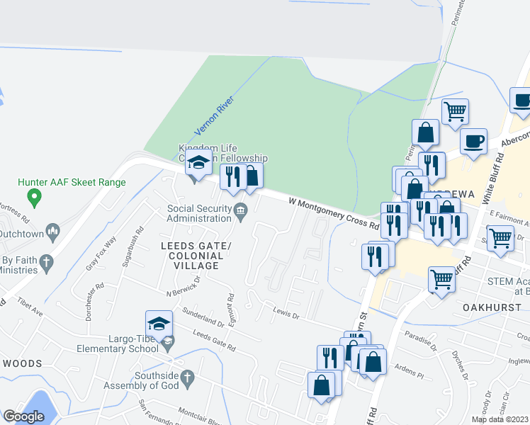 map of restaurants, bars, coffee shops, grocery stores, and more near 303 Station Trail in Savannah