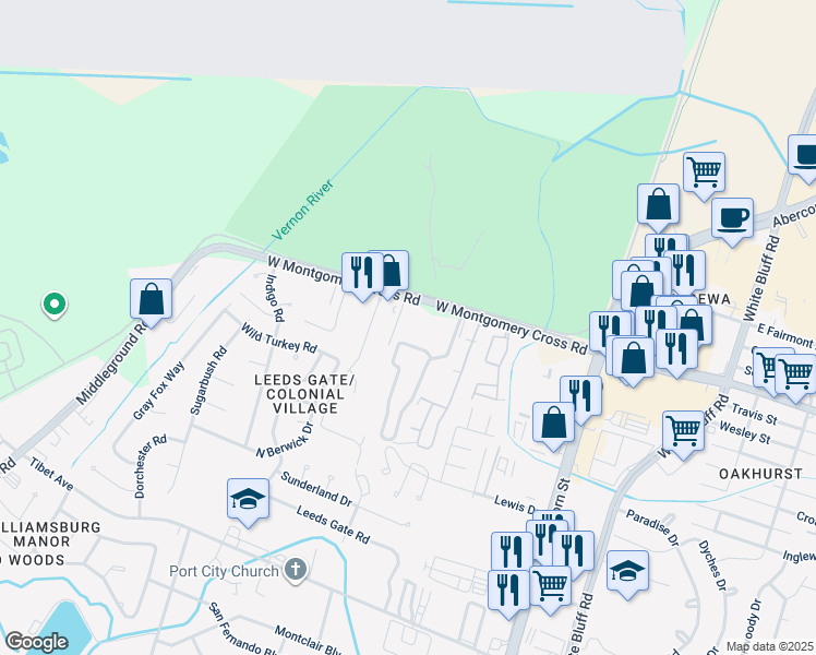 map of restaurants, bars, coffee shops, grocery stores, and more near 305 Station Trail in Savannah