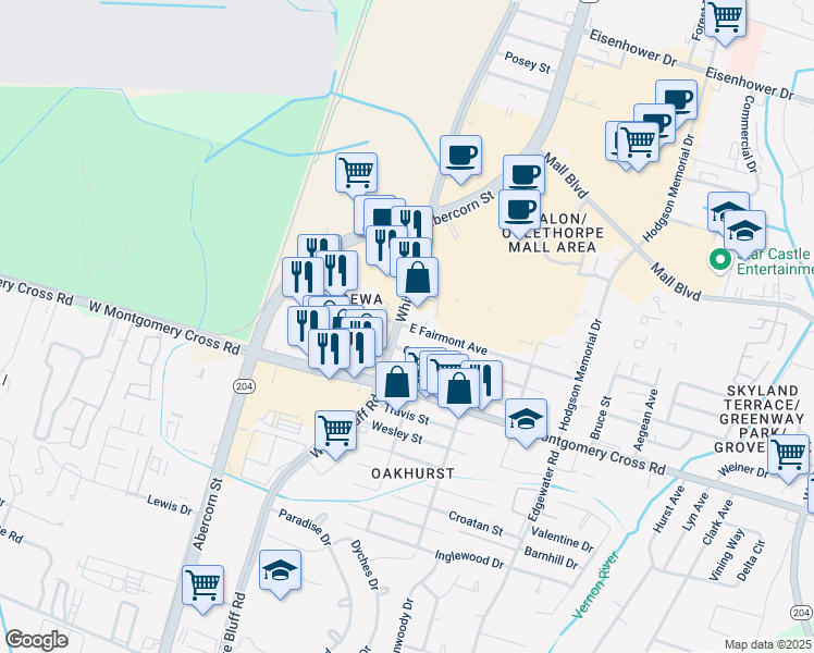 map of restaurants, bars, coffee shops, grocery stores, and more near 8306 White Bluff Road in Savannah