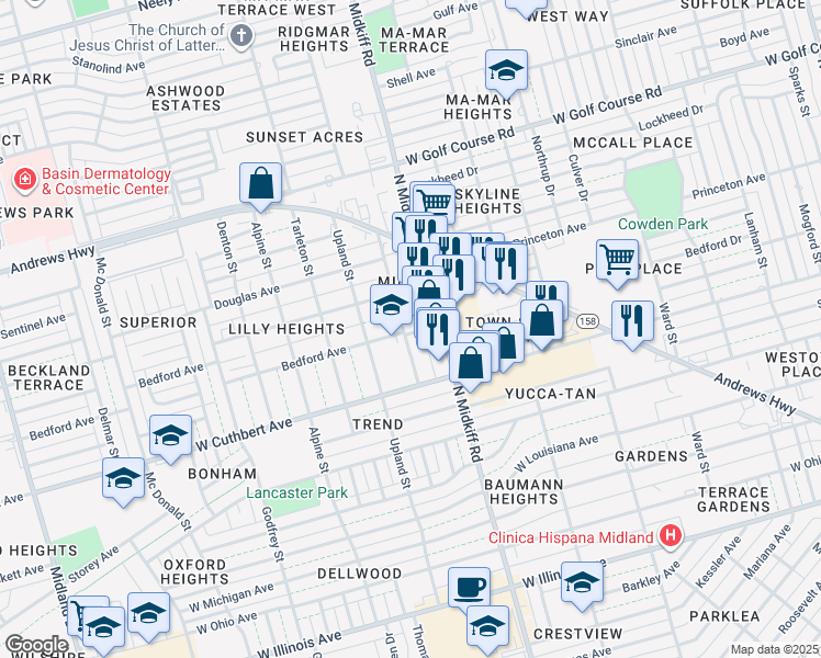map of restaurants, bars, coffee shops, grocery stores, and more near 1007 Austin Street in Midland