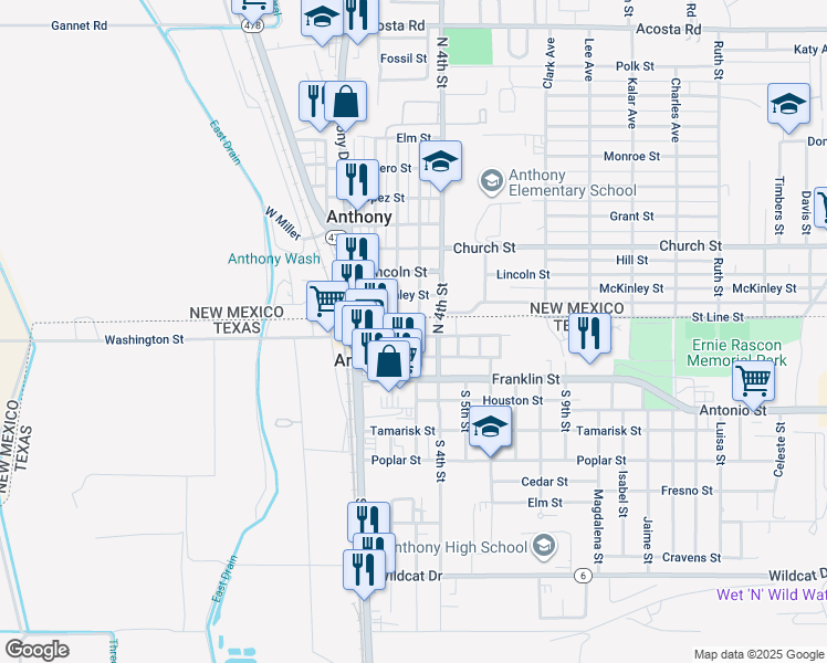 map of restaurants, bars, coffee shops, grocery stores, and more near 125 South 3rd Street in Anthony