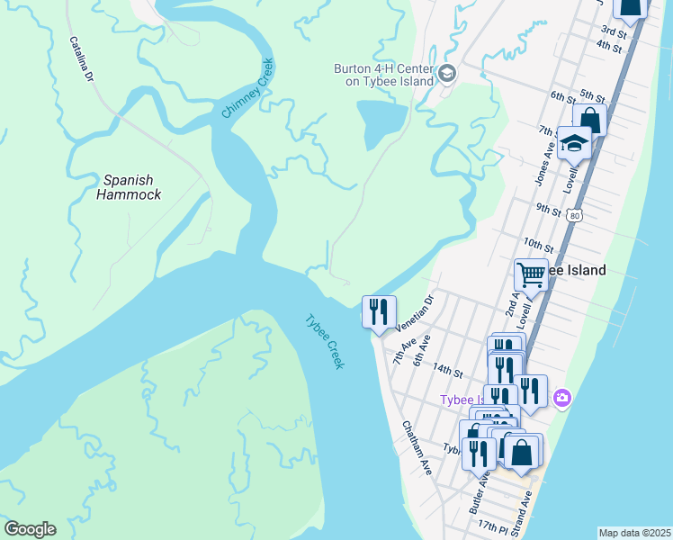 map of restaurants, bars, coffee shops, grocery stores, and more near 24 Horsepen Point Drive in Tybee Island