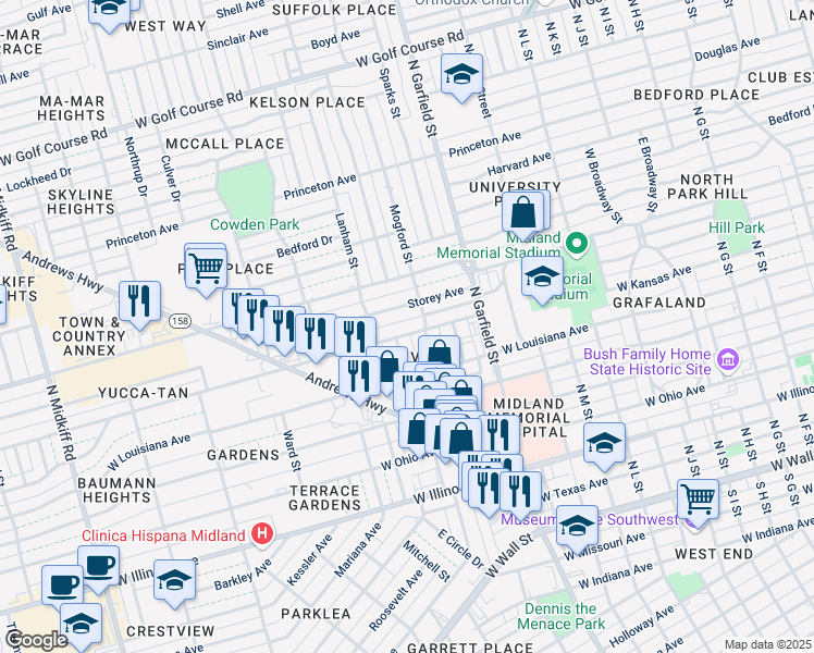 map of restaurants, bars, coffee shops, grocery stores, and more near 851-899 Mogford Street in Midland