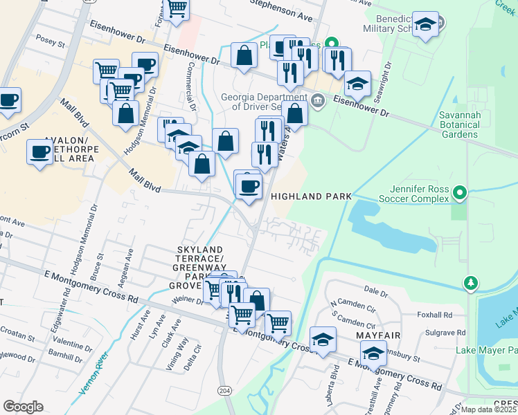 map of restaurants, bars, coffee shops, grocery stores, and more near 7805 Waters Avenue in Savannah