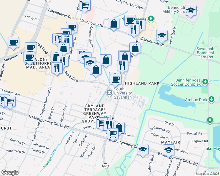 map of restaurants, bars, coffee shops, grocery stores, and more near 440 Mall Blvd # E in Savannah