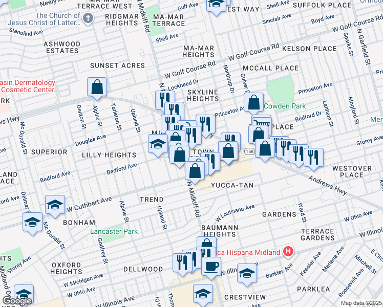 map of restaurants, bars, coffee shops, grocery stores, and more near 1000 North Midkiff Road in Midland