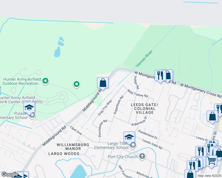 map of restaurants, bars, coffee shops, grocery stores, and more near 112 Woodhouse Lane in Savannah