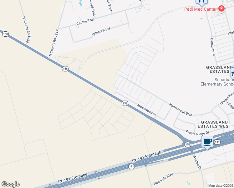 map of restaurants, bars, coffee shops, grocery stores, and more near 6809 Mosswood Drive in Midland