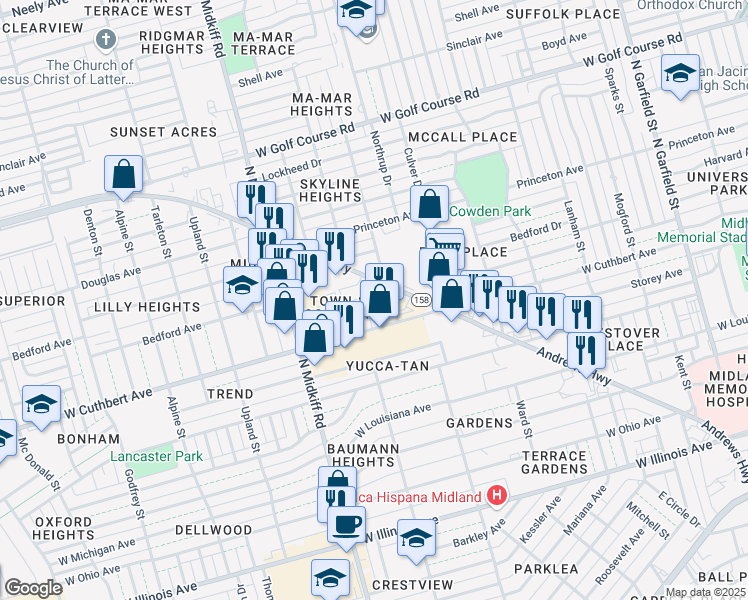map of restaurants, bars, coffee shops, grocery stores, and more near 1103 Andrews Highway in Midland