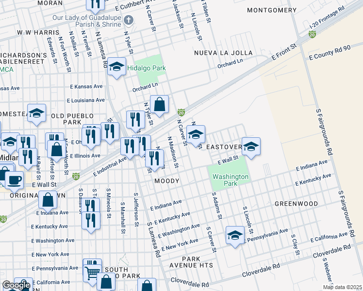 map of restaurants, bars, coffee shops, grocery stores, and more near 300 North Carver Street in Midland