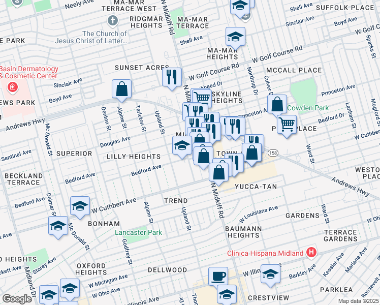 map of restaurants, bars, coffee shops, grocery stores, and more near 1108 Austin Street in Midland