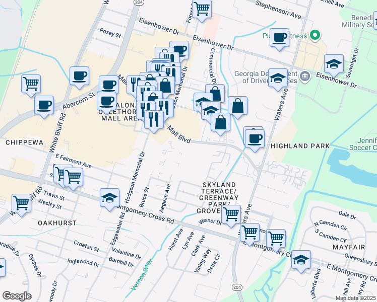 map of restaurants, bars, coffee shops, grocery stores, and more near 459 Mall Boulevard in Savannah