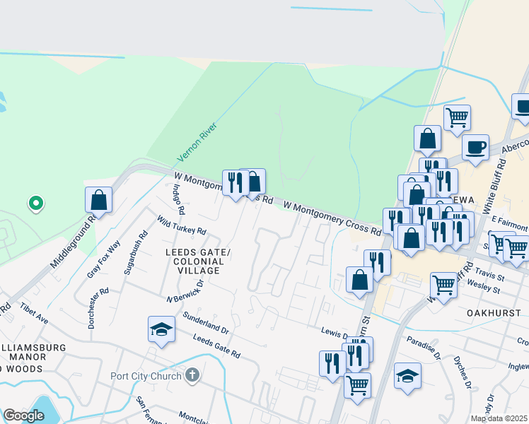 map of restaurants, bars, coffee shops, grocery stores, and more near 311 West Montgomery Cross Road in Savannah