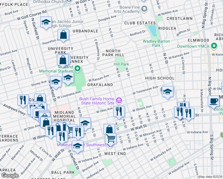 map of restaurants, bars, coffee shops, grocery stores, and more near 1601 West Louisiana Avenue in Midland