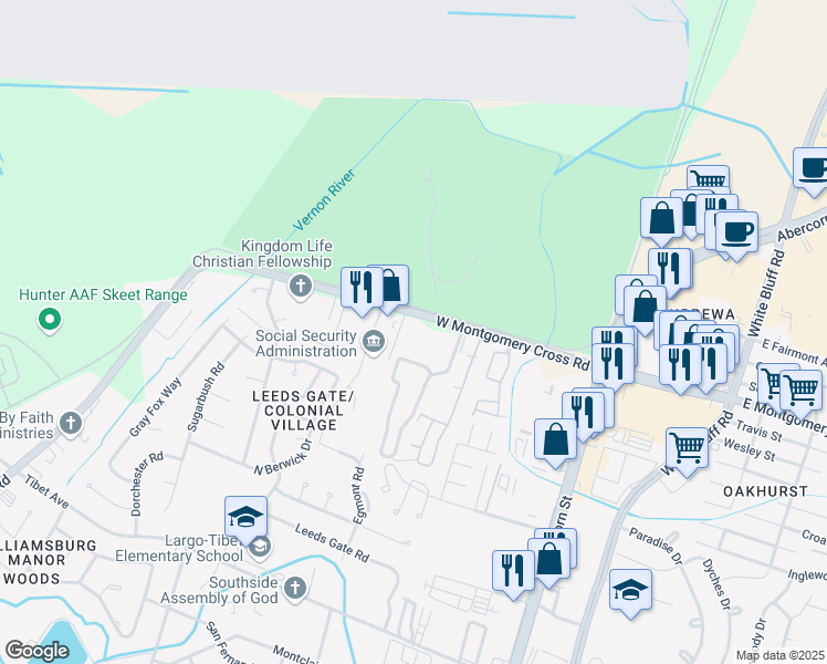 map of restaurants, bars, coffee shops, grocery stores, and more near 109 Station TRL in Savannah