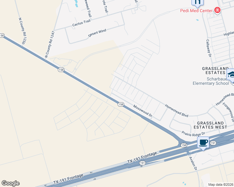 map of restaurants, bars, coffee shops, grocery stores, and more near 2406 Brandy Hill Road in Midland