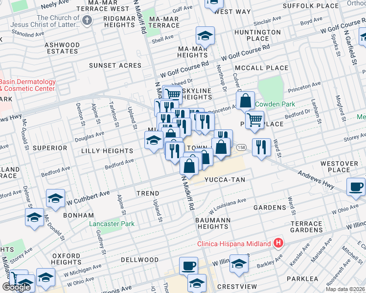 map of restaurants, bars, coffee shops, grocery stores, and more near 1000 North Midkiff Road in Midland