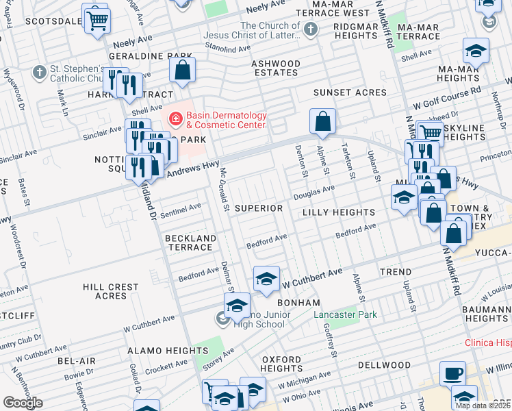 map of restaurants, bars, coffee shops, grocery stores, and more near 1504 Cascade Court in Midland