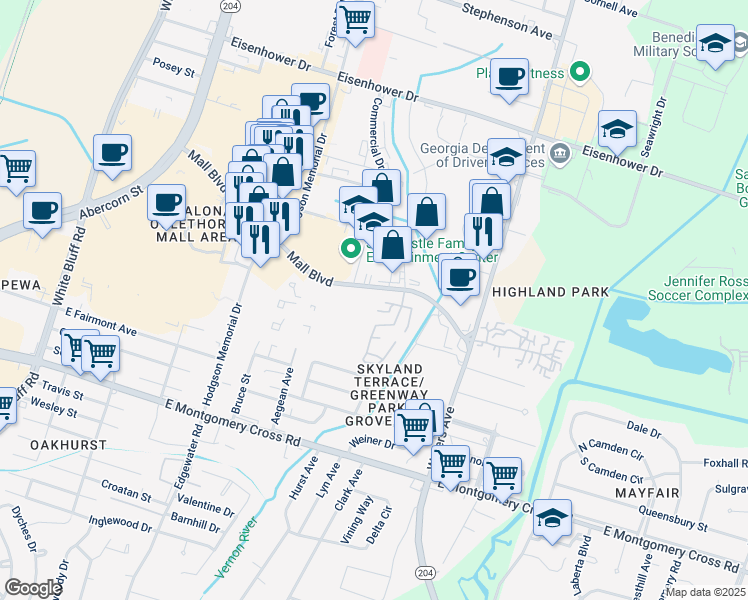 map of restaurants, bars, coffee shops, grocery stores, and more near in Savannah