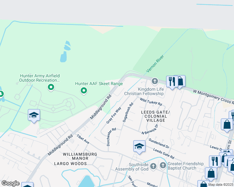 map of restaurants, bars, coffee shops, grocery stores, and more near 9006 Middleground Road in Savannah