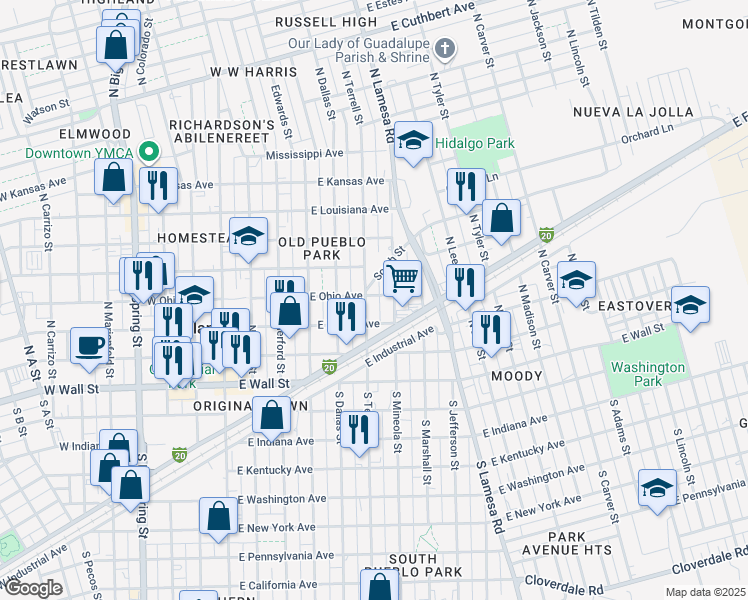 map of restaurants, bars, coffee shops, grocery stores, and more near 401 North Mineola Street in Midland