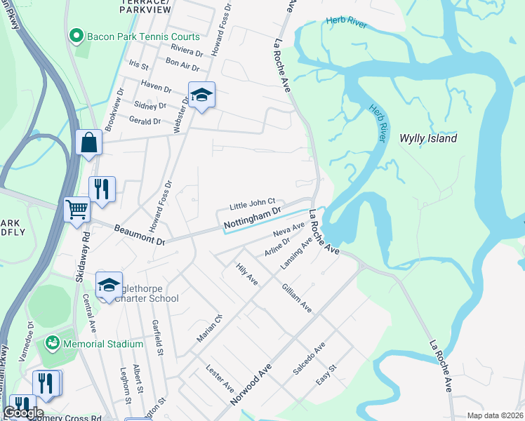 map of restaurants, bars, coffee shops, grocery stores, and more near 2526 Little John Court in Savannah