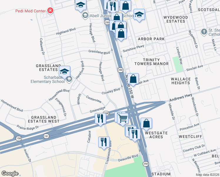 map of restaurants, bars, coffee shops, grocery stores, and more near 5502 Crowley Boulevard in Midland