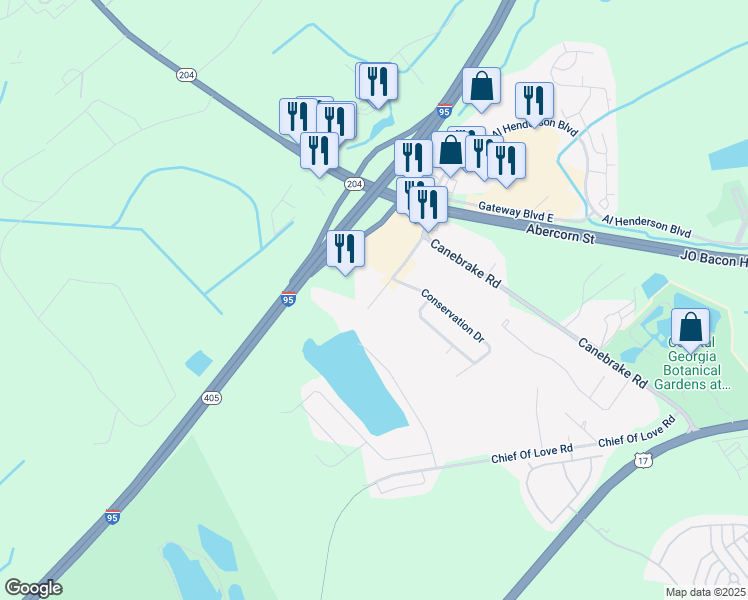 map of restaurants, bars, coffee shops, grocery stores, and more near Gateway Boulevard South in Savannah