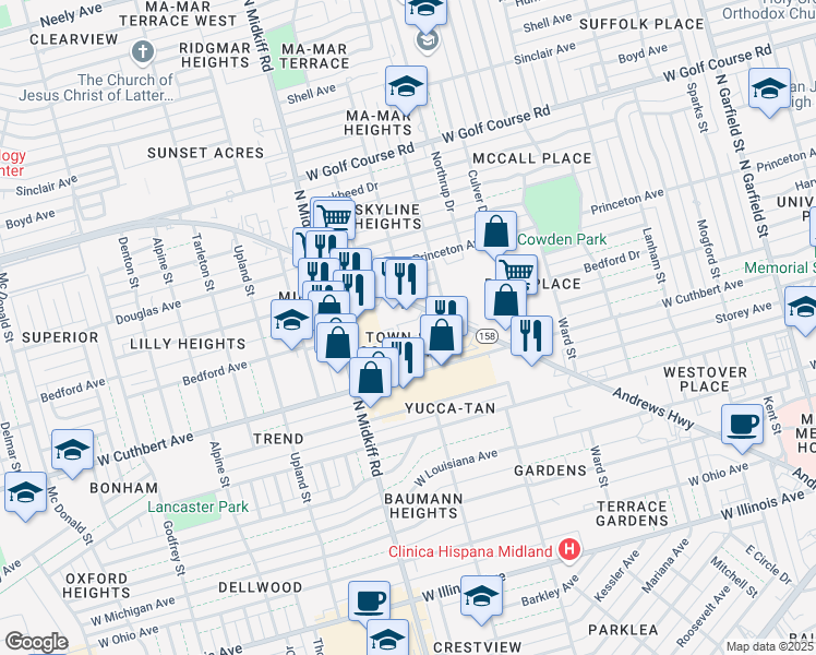 map of restaurants, bars, coffee shops, grocery stores, and more near 1103 Andrews Highway in Midland