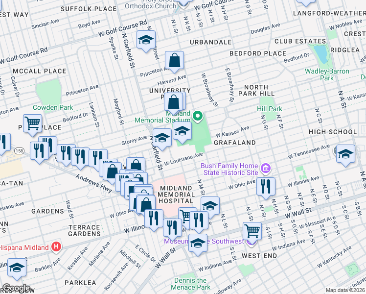 map of restaurants, bars, coffee shops, grocery stores, and more near 2000 West Louisiana Avenue in Midland