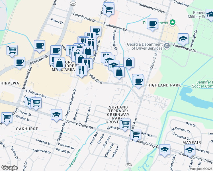 map of restaurants, bars, coffee shops, grocery stores, and more near 459 Mall Boulevard in Savannah