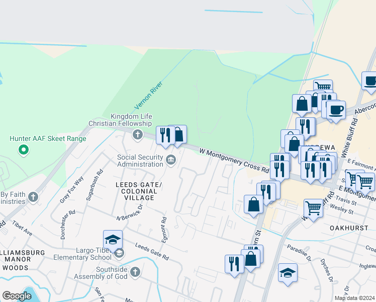map of restaurants, bars, coffee shops, grocery stores, and more near 104 Station TRL in Savannah