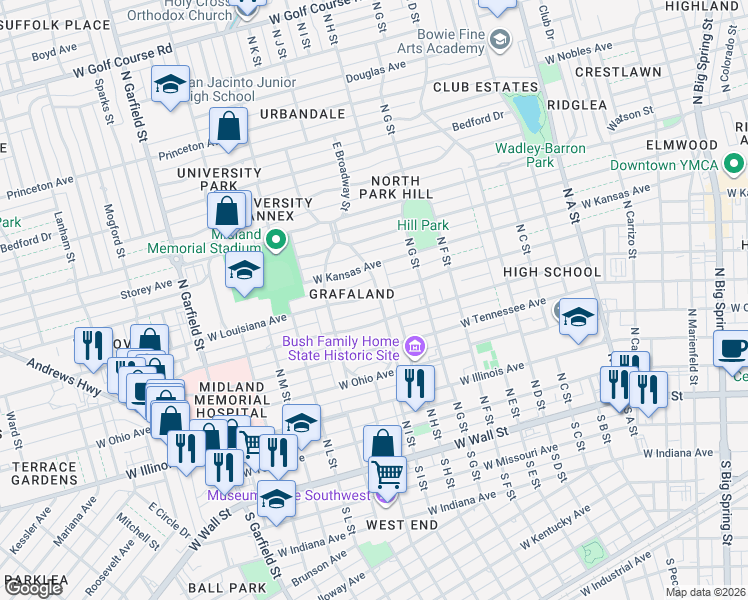 map of restaurants, bars, coffee shops, grocery stores, and more near 1601 West Louisiana Avenue in Midland