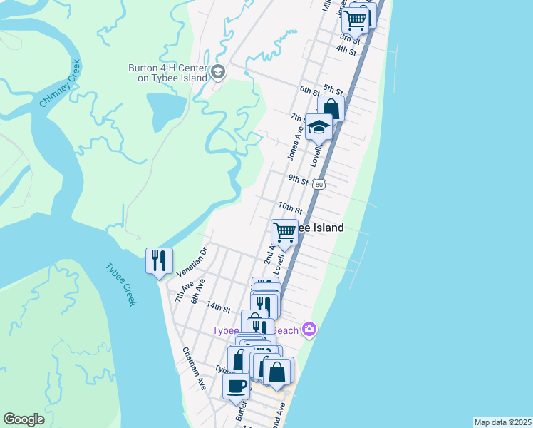 map of restaurants, bars, coffee shops, grocery stores, and more near 1007 Jones Avenue in Tybee Island