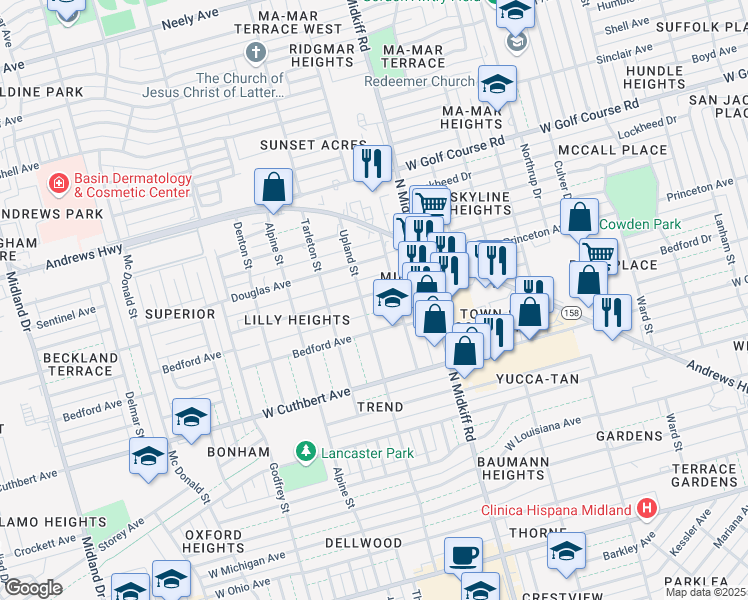 map of restaurants, bars, coffee shops, grocery stores, and more near 3309 Princeton Avenue in Midland