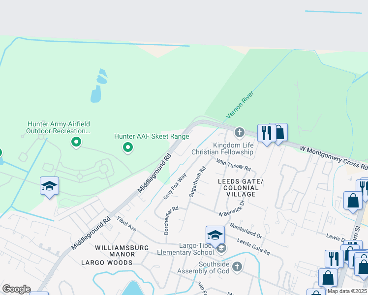 map of restaurants, bars, coffee shops, grocery stores, and more near 107 Woodhouse Lane in Savannah
