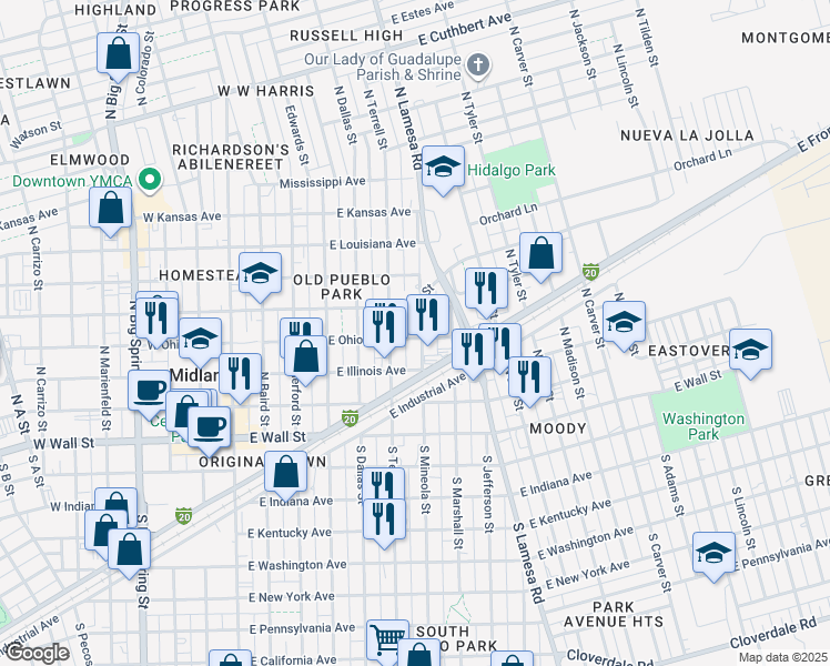 map of restaurants, bars, coffee shops, grocery stores, and more near 401 North Mineola Street in Midland