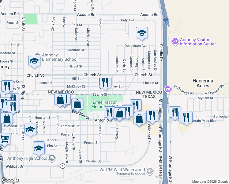 map of restaurants, bars, coffee shops, grocery stores, and more near 1318 Livesay Street in Anthony