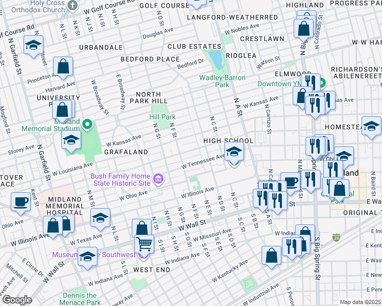 map of restaurants, bars, coffee shops, grocery stores, and more near 1207 West Michigan Avenue in Midland