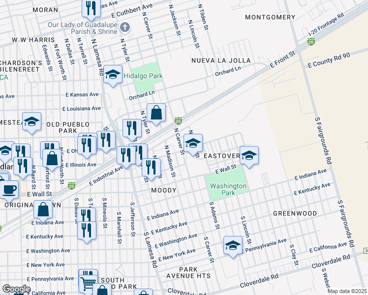map of restaurants, bars, coffee shops, grocery stores, and more near 300 North Carver Street in Midland