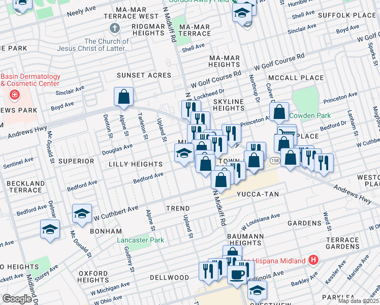 map of restaurants, bars, coffee shops, grocery stores, and more near 1108 Austin Street in Midland