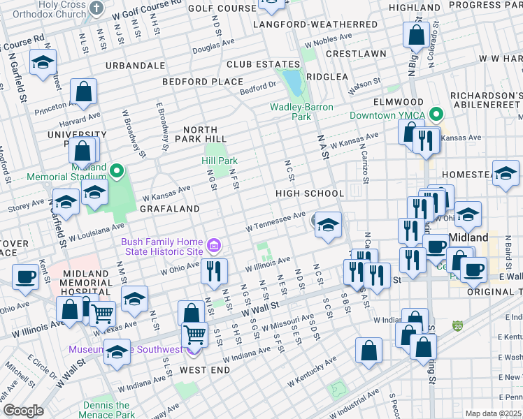 map of restaurants, bars, coffee shops, grocery stores, and more near 1207 W Michigan Ave in Midland