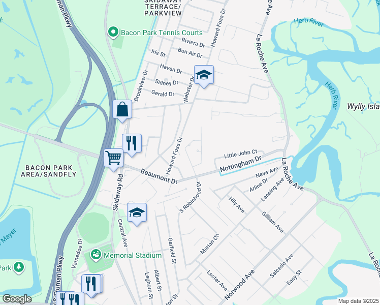 map of restaurants, bars, coffee shops, grocery stores, and more near 14 Robin Hood Drive in Savannah