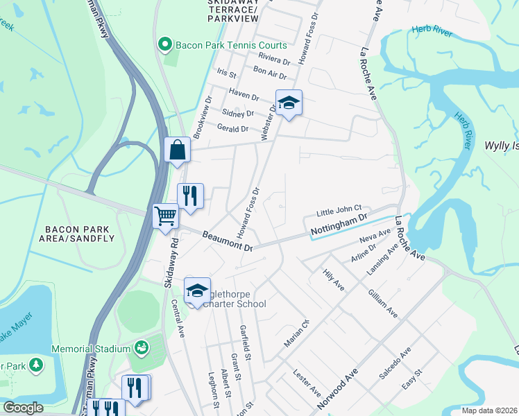 map of restaurants, bars, coffee shops, grocery stores, and more near 14 Robin Hood Drive in Savannah